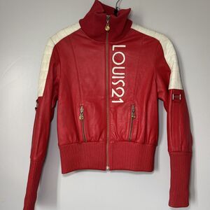 Vintage Sporty Louis 21 Red/White Zip-Up Racer Leather Moto Jacket Sz M Womens